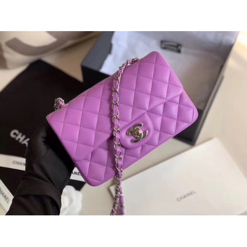 Чанта Chanel MINI Flap, оригинална, от овча кожа, 1116, лавандулово сребристо-метална