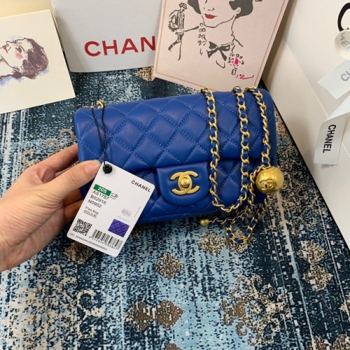 Чанта Chanel MINI Flap от оригинална овча кожа 1116 синя