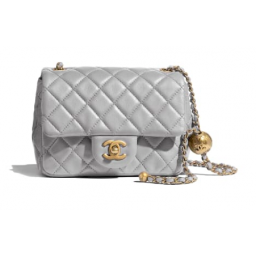 Чанта Chanel MINI Flap от оригинална овча кожа AS1786 светло сива