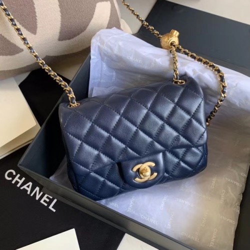 Чанта Chanel MINI от оригинална овча кожа AS1786, тъмносиня