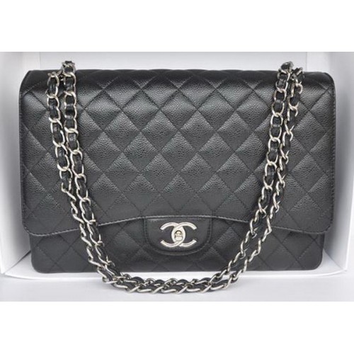 Чанта Chanel Maxi Classic A36098 Черна, с шарка Cannage, сребриста