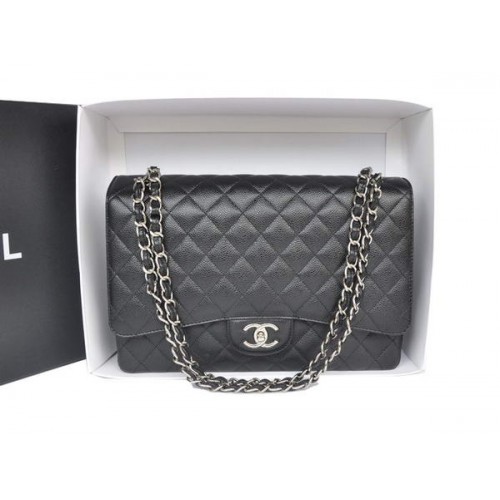 Гореща продажба Chanel Maxi Classic чанта A36098 Черна оригинална хайвер кожа сребриста