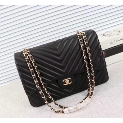 Чанта Chanel Maxi Classic Flap от черна овча кожа Chevron A58601 Gold