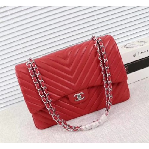 Чанта Chanel Maxi Classic Flap от червена овча кожа Chevron A58601, сребриста