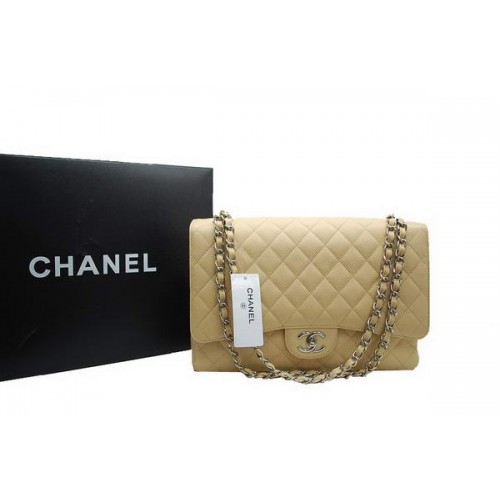 Чанта Chanel Maxi с двойни капаци A36098 от кайсия, оригинална хайвер, кожа, сребриста