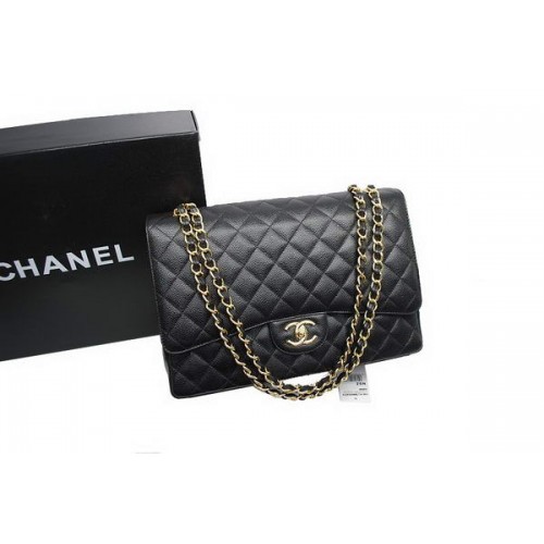 Чанта Chanel Maxi с двойни капаци A36098, черна, оригинална, от хайвер, кожа, злато