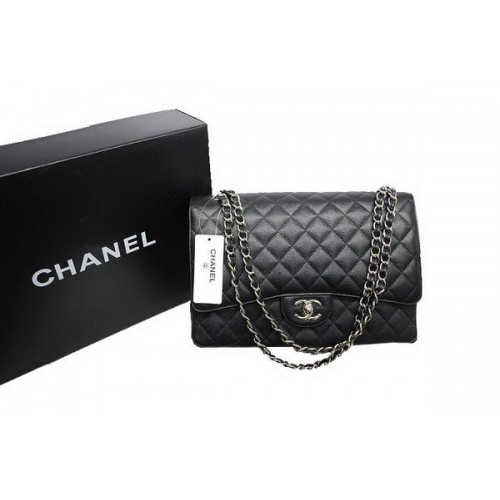 Чанта Chanel Maxi с двойни капаци A36098, черна, оригинална, от хайвер, кожа, сребриста