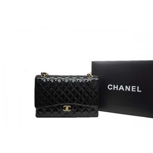 Чанта Chanel Maxi с двойни капаци A36098 черна, оригинална, лачена кожа, златиста