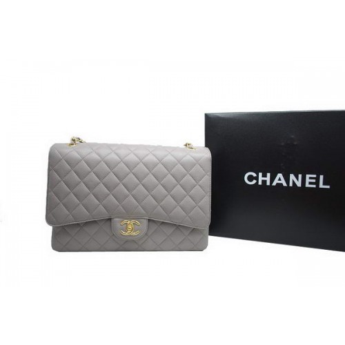 Чанта Chanel Maxi с двойни капаци A36098, сива, оригинална, от хайвер, кожа, злато