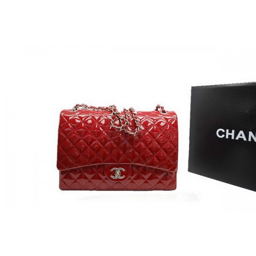 Чанта Chanel Maxi с двойни капаци A36098, червена, оригинална, лачена кожа, сребриста