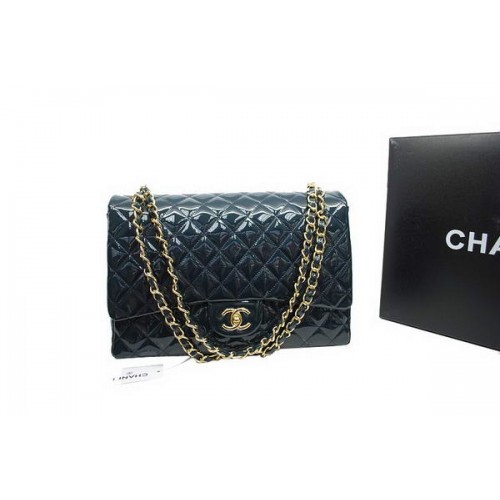 Чанта Chanel Maxi с двойни капаци A36098 от кралско синьо, оригинална лачена кожа, златиста