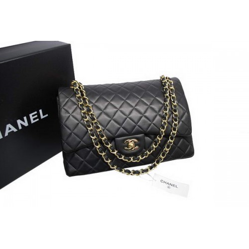 Висококачествена чанта Chanel Maxi с двойни капаци, черна, оригинална агнешка кожа A36098, златиста