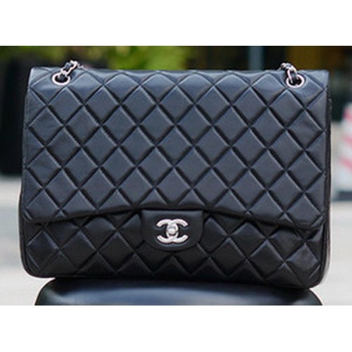 Chanel Maxi Quilted Classic Flap Bag Black Own Skin A58601 Silver