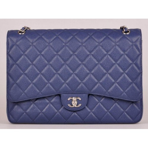 Chanel Maxi Quilted Classic Flap Bag Blue Cannage Pattern A58601 Silver