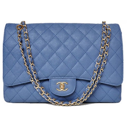 Chanel Maxi Quilted Classic Flap bag Blue Cannage Patterns A58601 Gold