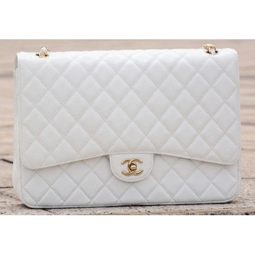 Chanel Maxi Quilted Classic Flap bag бяла чанта с шарка Cannage A58601 златиста