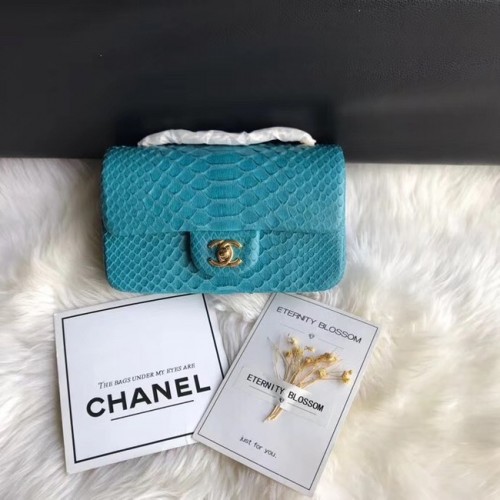 Чанта Chanel Mini Flap, златист метал, Python, A69900, синя