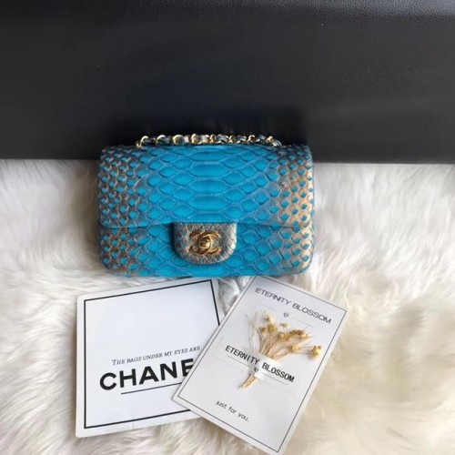 Чанта Chanel Mini Flap Python Gold-Tone Metal A69900 синьо-златна