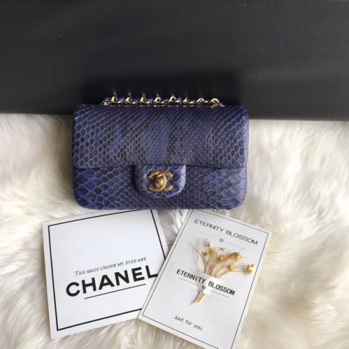 Чанта Chanel Mini Flap, златист метал, Python, тъмносиня A69900