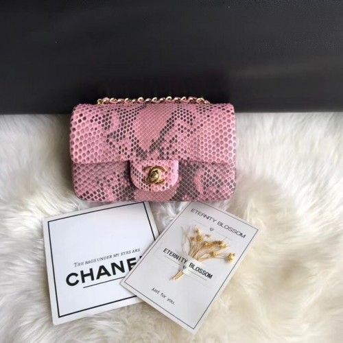 Чанта Chanel Mini Flap, златист метал, Python, A69900, розова