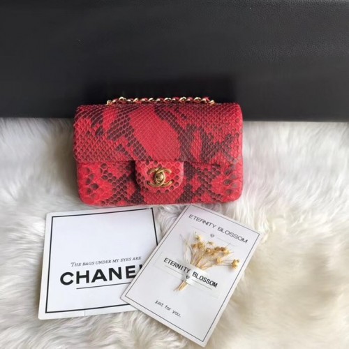 Чанта Chanel Mini Flap, златист метал, Python, червена A69900