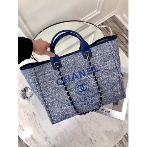 Оригинална пазарска чанта Chanel Canvas Leather Tote 92298 Синя