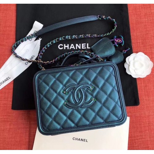 Оригинална кожена козметична чанта Chanel A93343 синя