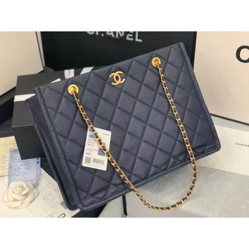 Оригинална кожена пазарска чанта Chanel AS2360 в тъмносиньо