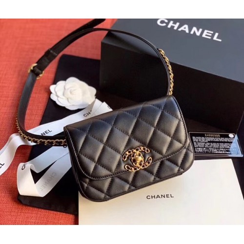 Чанта за колан Chanel Original от овча кожа, черна, 33866, златна