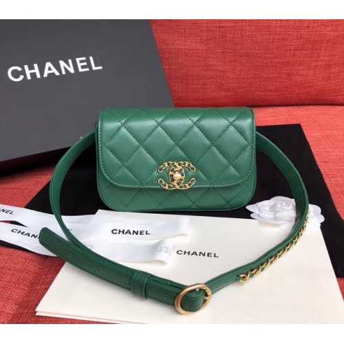 Оригинална чанта за колан Chanel от овча кожа, зелена 33866, златна