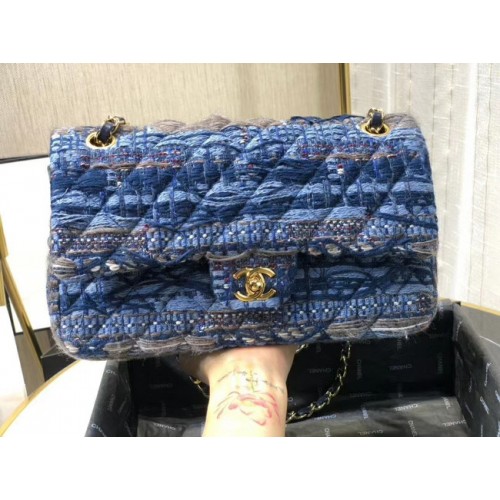 Оригинална чанта Chanel с капак Twill soft A01112 синя