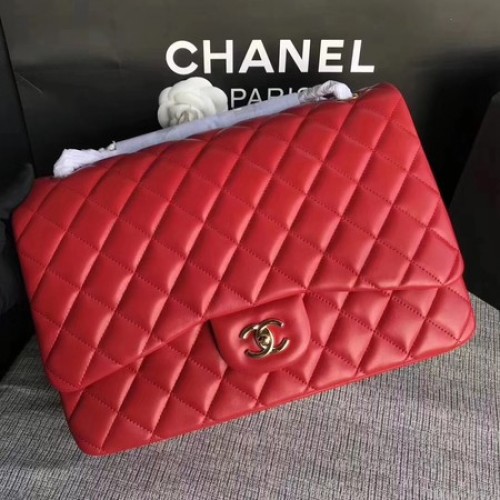 Chanel Maxi Quilted Classic Flap Bag Червена овча кожа A58601 Златна