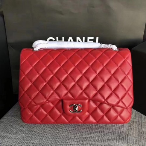 Chanel Maxi Quilted Classic Flap Bag Червена овча кожа A58601 Сребриста