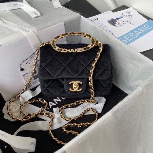 МАЛКА ЧАНТА С КЛАПАН Chanel, кадифена, златисто-метална, AS3450, черна