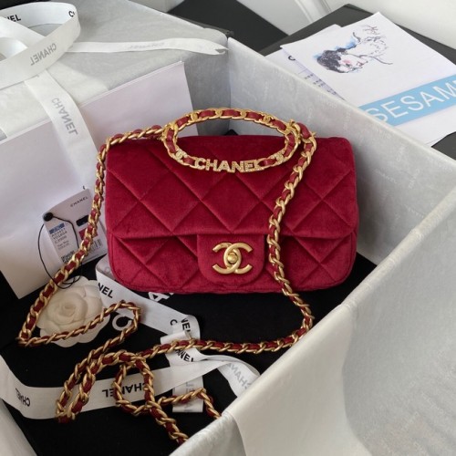 Чанта Chanel FLAP, кадифена, златисто-тонирана метална, AS3451, бордо