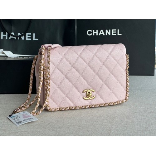МАЛКА ЧАНТА С КЛАПАН Chanel, ЗЪРНЕСТА ТЕЛЕШКА КОЖА, ЗЛАТИСТ МЕТАЛ, AS3467, розова