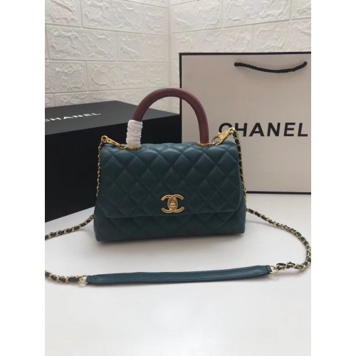 Малка чанта Chanel с червена горна дръжка A92990 синя