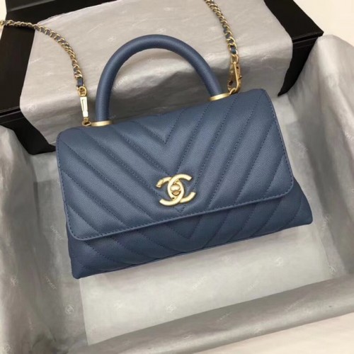Малка чанта Chanel с горна дръжка A92990, тъмносиня