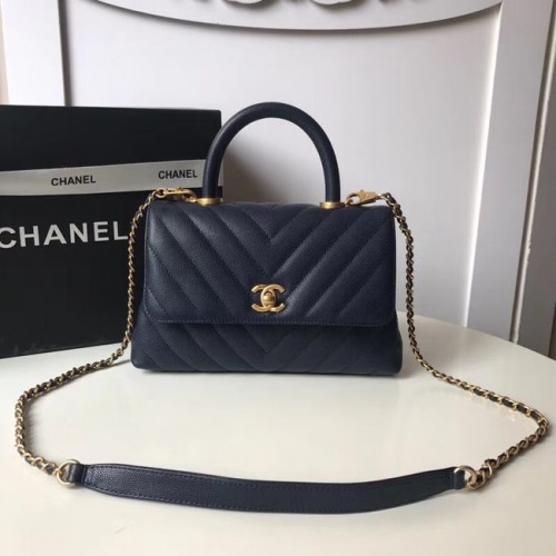 Малка чанта Chanel с горна дръжка A92991, тъмносиня