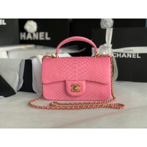 Мини чанта Chanel от змийска кожа с капак и горна дръжка AS2431 розова