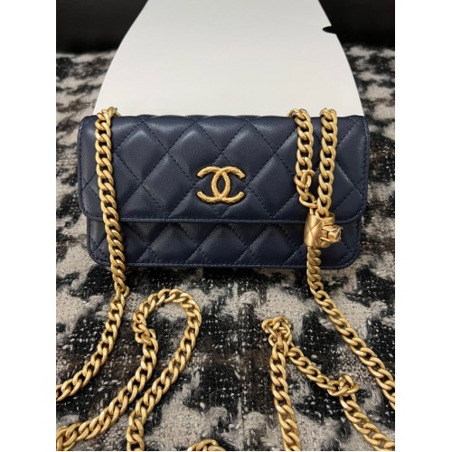 Chanel Портфейл на верижка от агнешка кожа, златист метал 68107, тъмносин