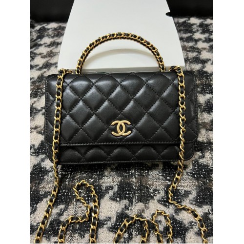 Chanel Портфейл на верижка от агнешка кожа, златист метал 68113, черен