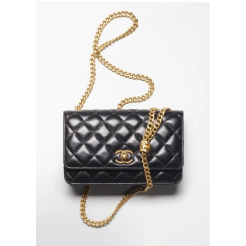 Портфейл Chanel с верижка, агнешка кожа, златист метал, AP3043, черен
