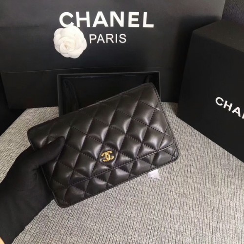 Чанта Chanel WOC Flap от черна оригинална овча кожа 33814 Glod