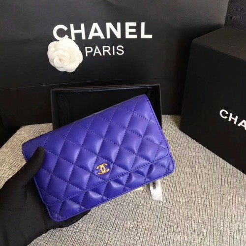 Чанта Chanel WOC Flap, синя, оригинална, от овча кожа, 33814, златиста