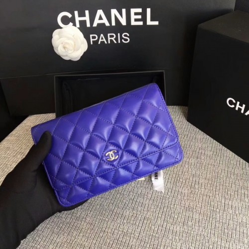 Чанта Chanel WOC Flap от оригинална овча кожа, синя, 33814, сребриста