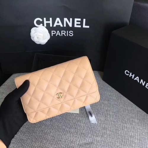 Чанта Chanel WOC Flap от овча кожа, камила, оригинална, 33814, златиста