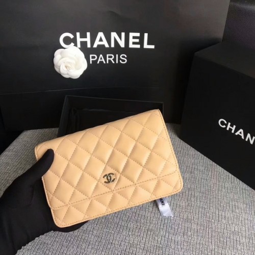 Чанта Chanel WOC Flap от овча кожа, камила, оригинална, 33814, сребриста