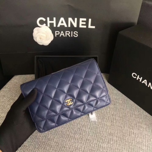 Чанта Chanel WOC Flap от тъмносиня оригинална овча кожа 33814 Glod