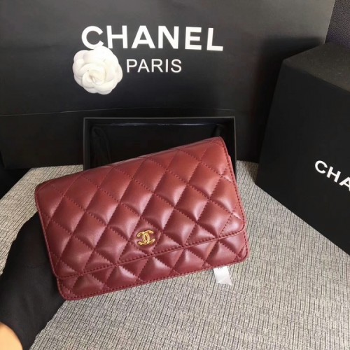 Чанта Chanel WOC Flap от тъмночервена оригинална овча кожа 33814 Glod